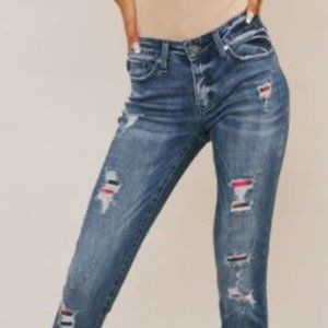 Kancan Coco Mid Rise Patched Ankle Skinny Jeans